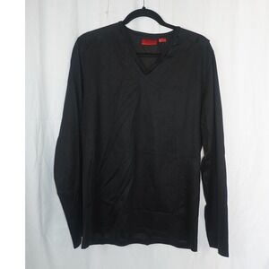 Hugo Boss Mens Black Long Sleeve V-Neck Satin Dress Stretch Shirt XL Pullover